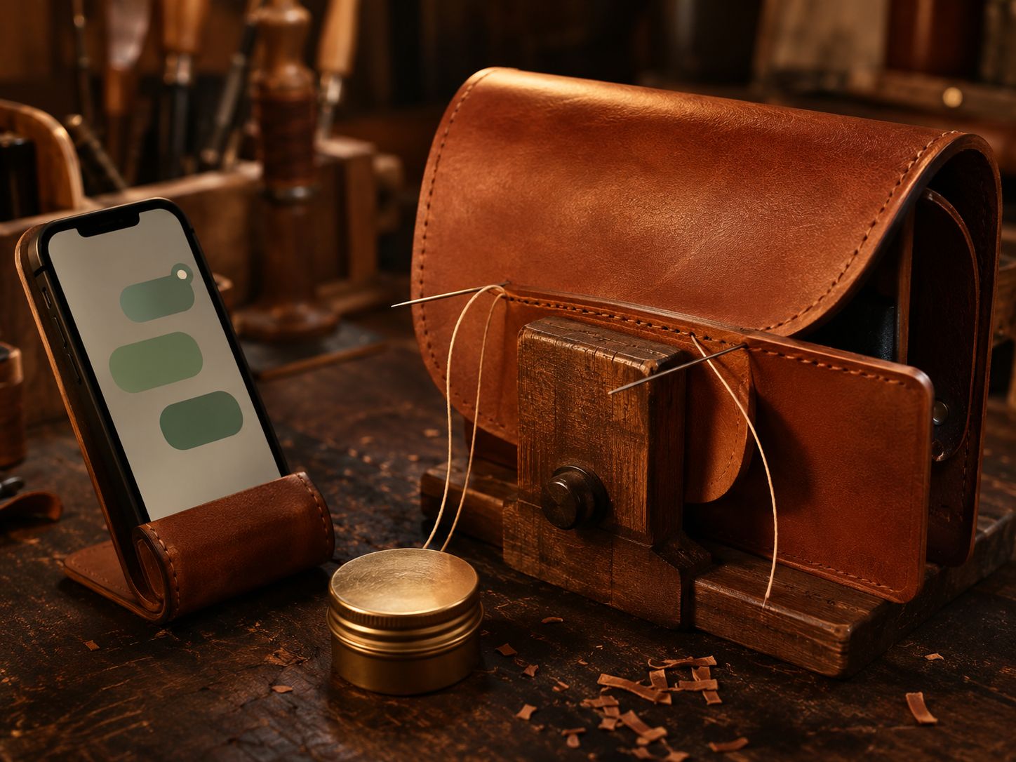 Telefoon met WhatsApp-gesprekken naast een kop koffie in een werkplaats