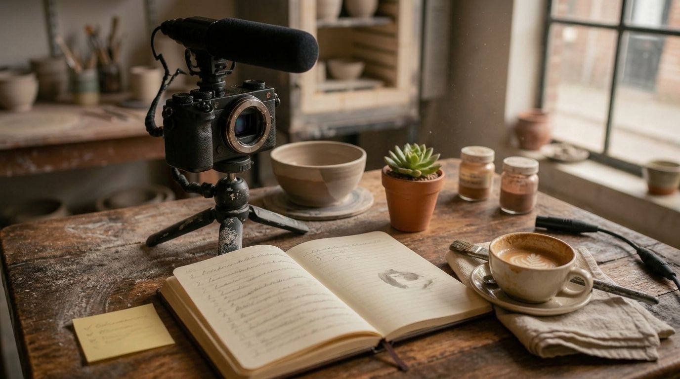 Studio-opnamehoek met cameralens, externe microfoon en notitieblok met scriptlijnen, productie-setup voor een MKB YouTube-video