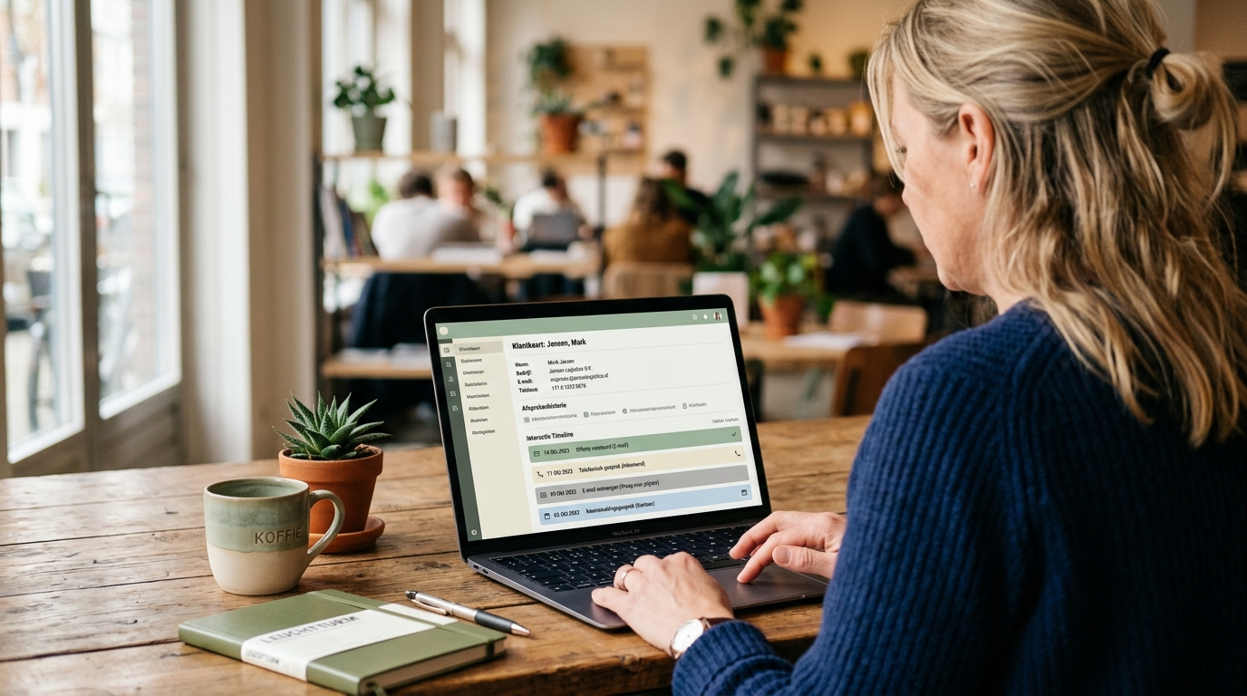MKB ondernemer werkt met CRM dashboard op laptop in Nederlands kantoor