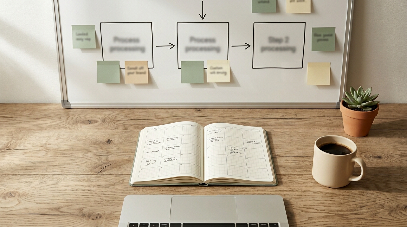 Werkwijze whiteboard met drie-stappen-proces voor CRM implementatie