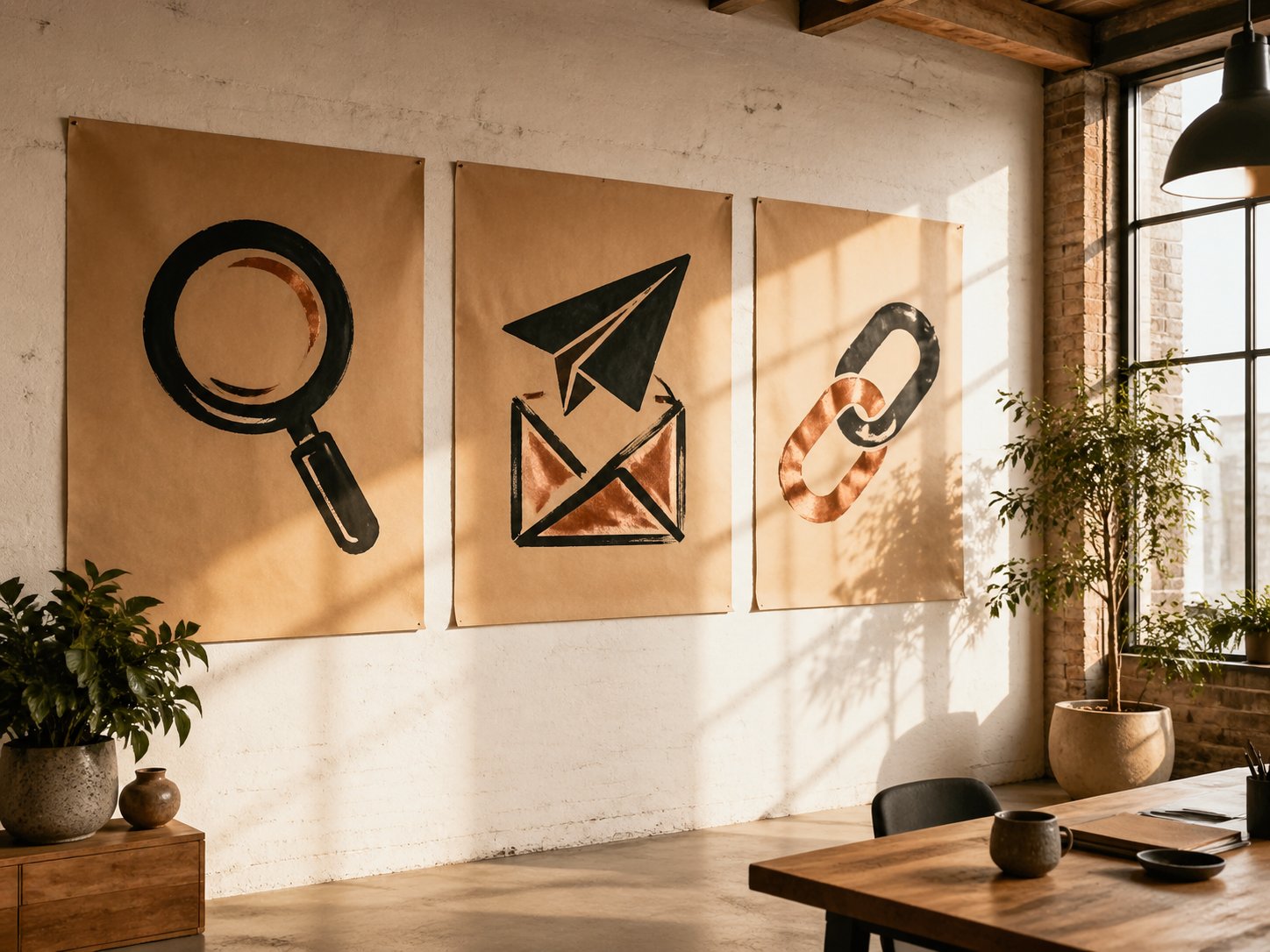 Whiteboard met drie-stappen werkwijze voor linkbuilding campagne