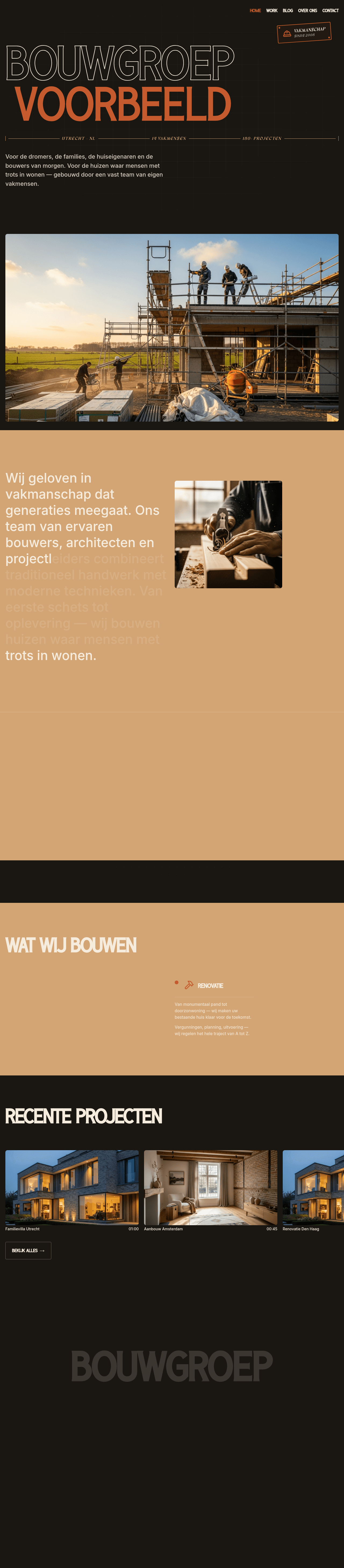 Aannemer website demo &mdash; Premium stijl met blueprint banner en donkere palet