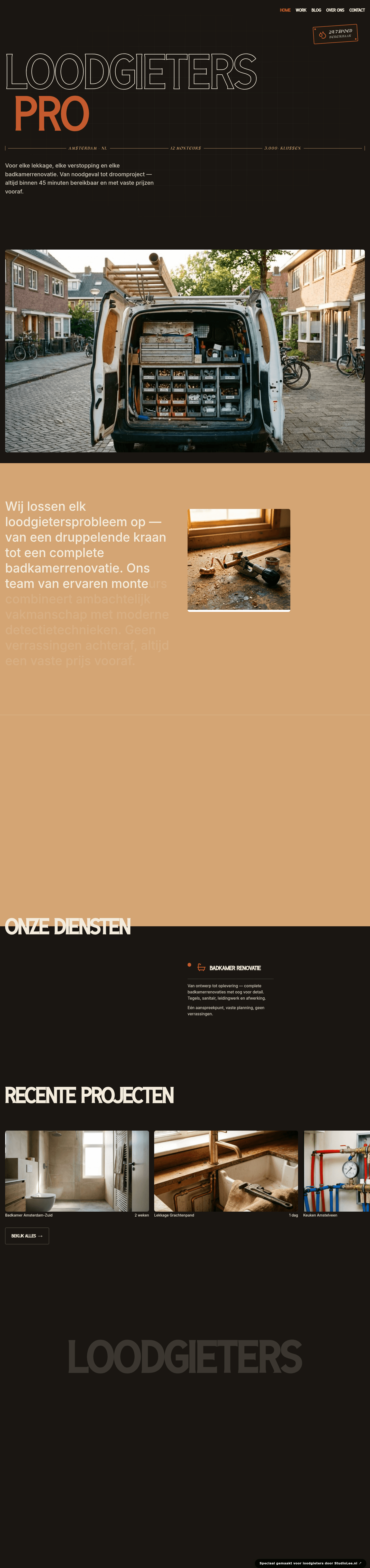 Loodgieter website demo &mdash; Donker & gevestigd met industri&euml;le kleurstelling