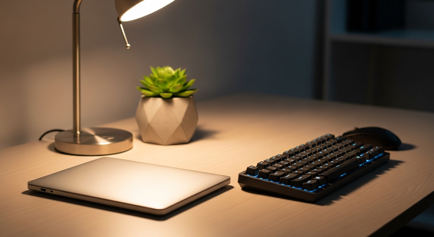 Minimalistisch bureauopstelling met notitieboek en lamp