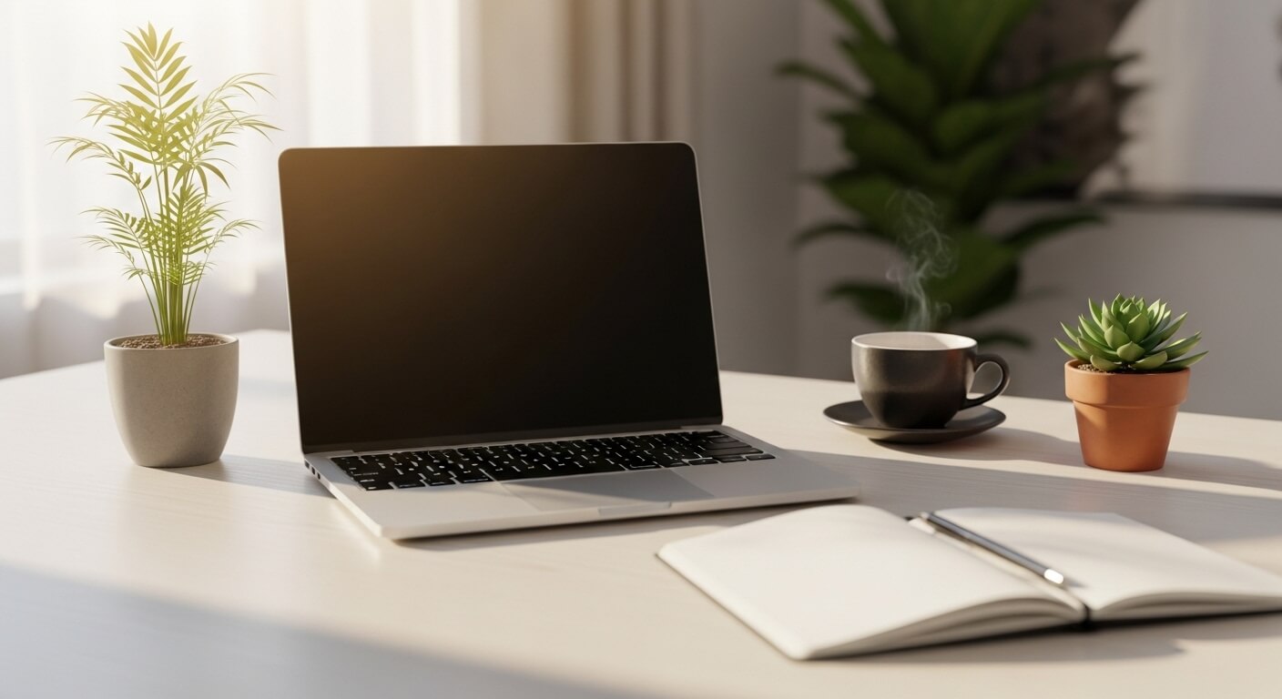 Minimalistisch bureau met laptop en planten