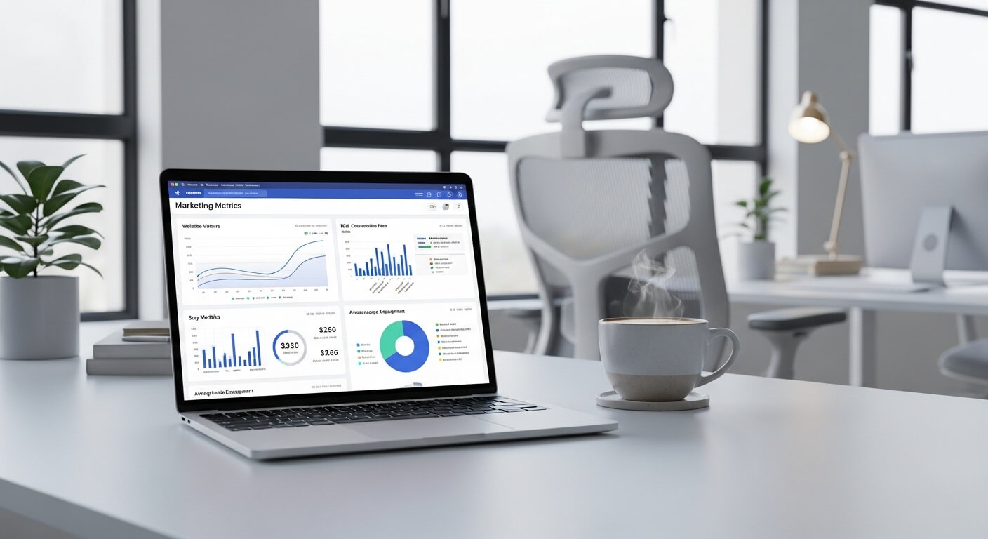 Laptop met marketing metrics en koffiemok op een modern bureau