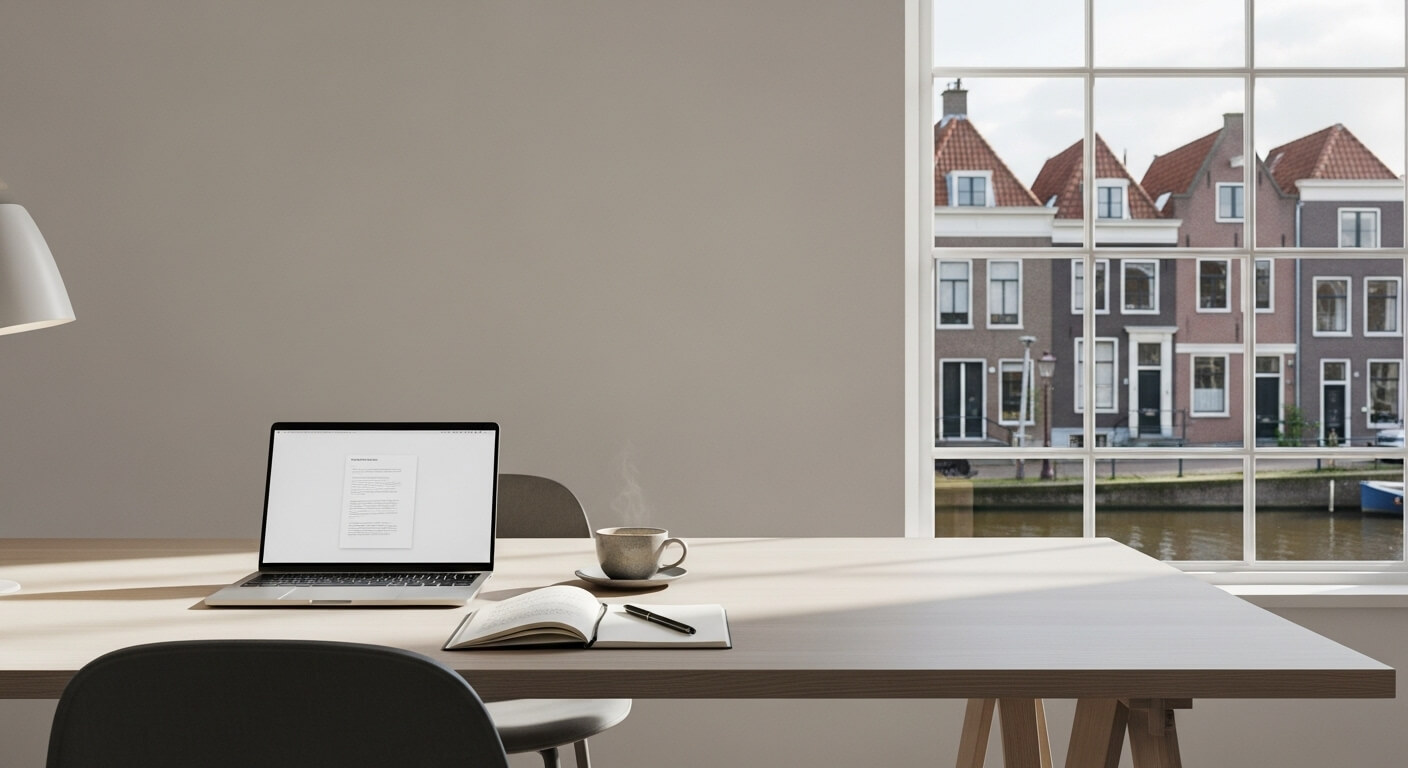 Laptop op bureau met uitzicht