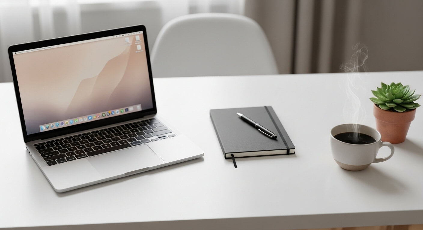 Minimalistisch bureauopstelling met notitieboek en koffie