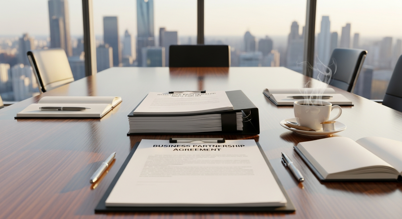 Samenwerkingsdocumenten op vergadertafel met pennen en koffie